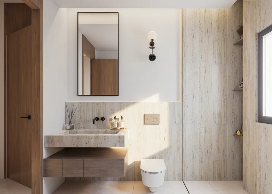 Bagno rivestito in travertino