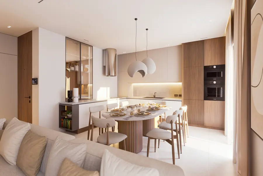 Cucina con tavolo ovale in marmo